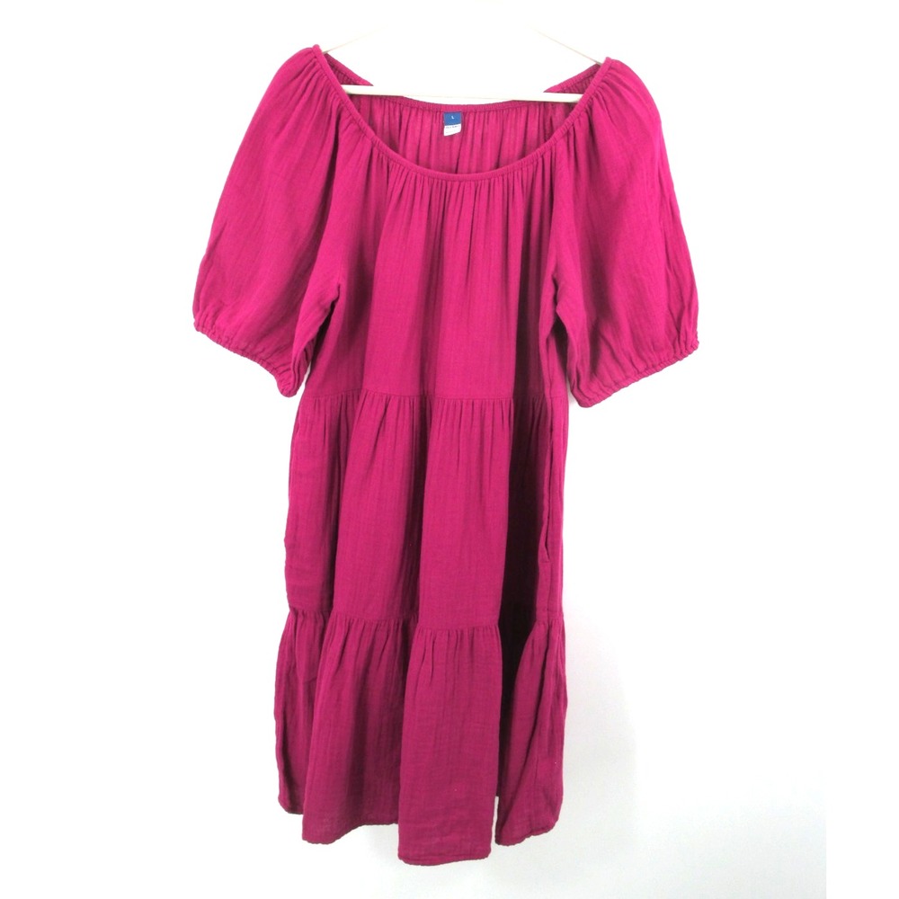 OLD NAVY Midi Peasant Dress Women Large Magenta Pockets Tiered Puff Sleeve Boho
